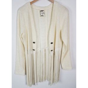Vocal USA Women's Sz. M Ivory Fringe Long Sleeve Cardigan W/ Lace Up Back